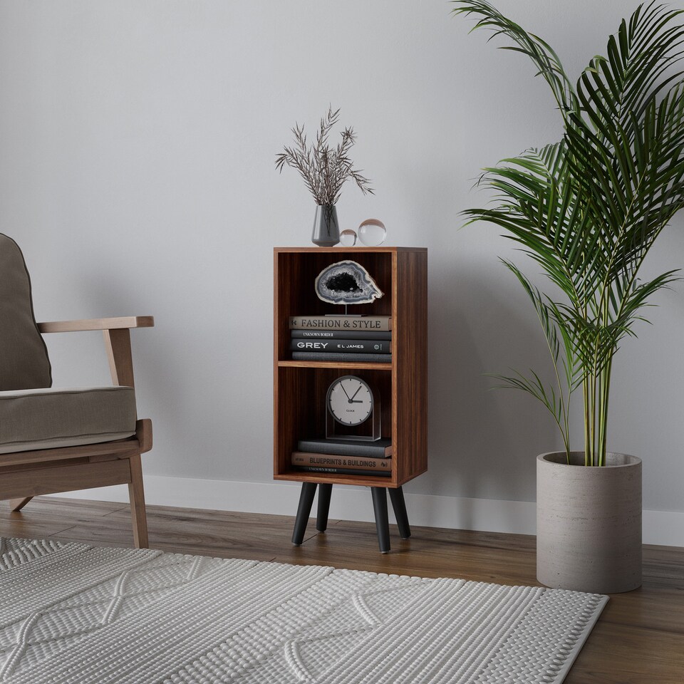 image 1 of 2-Tier Cube Display Cabinet with Scandinavian Legs | Brown | Teak & Black | 1