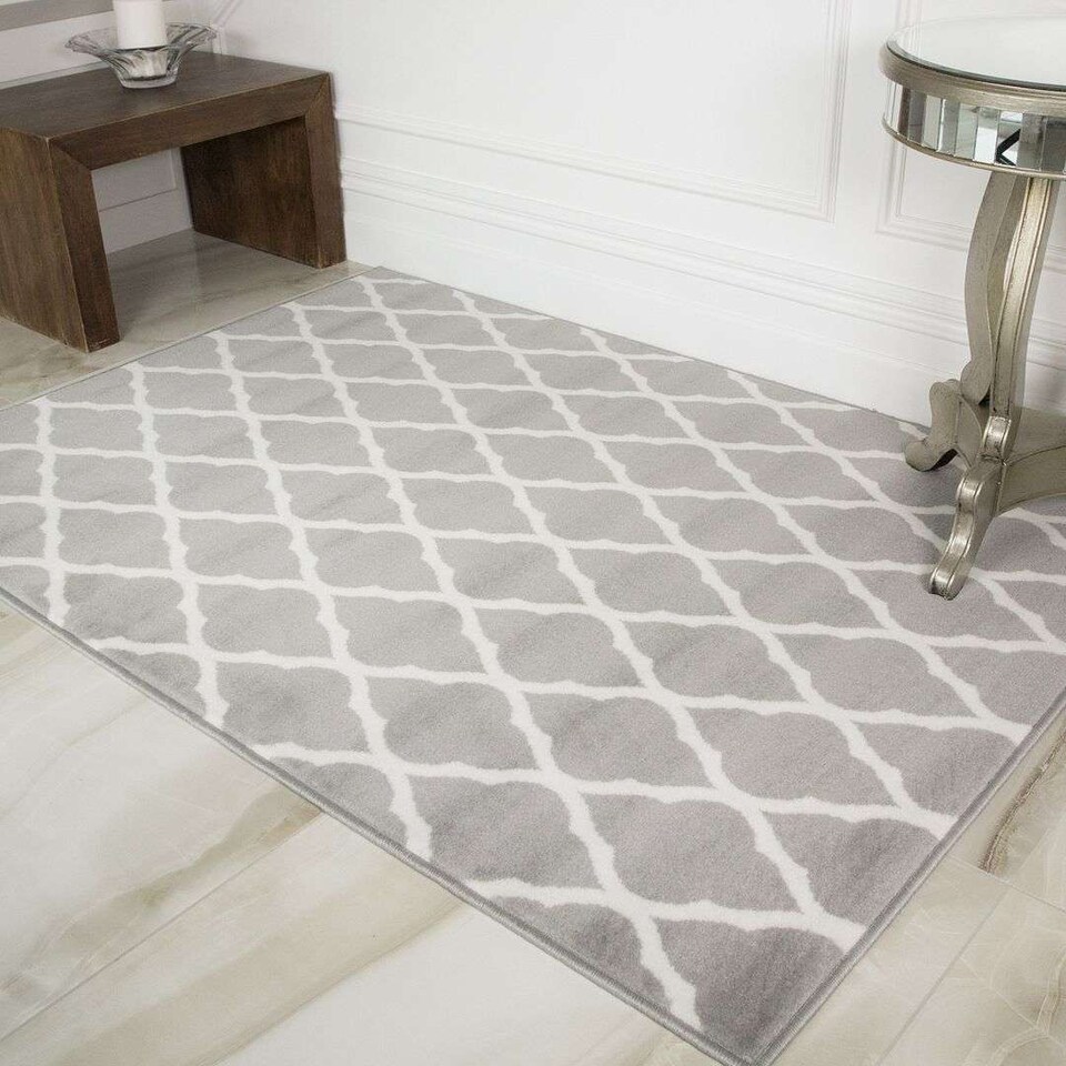 image 1 of KUKOON Grey White Classic Trellis Living Area Rug 60cm x 240cm