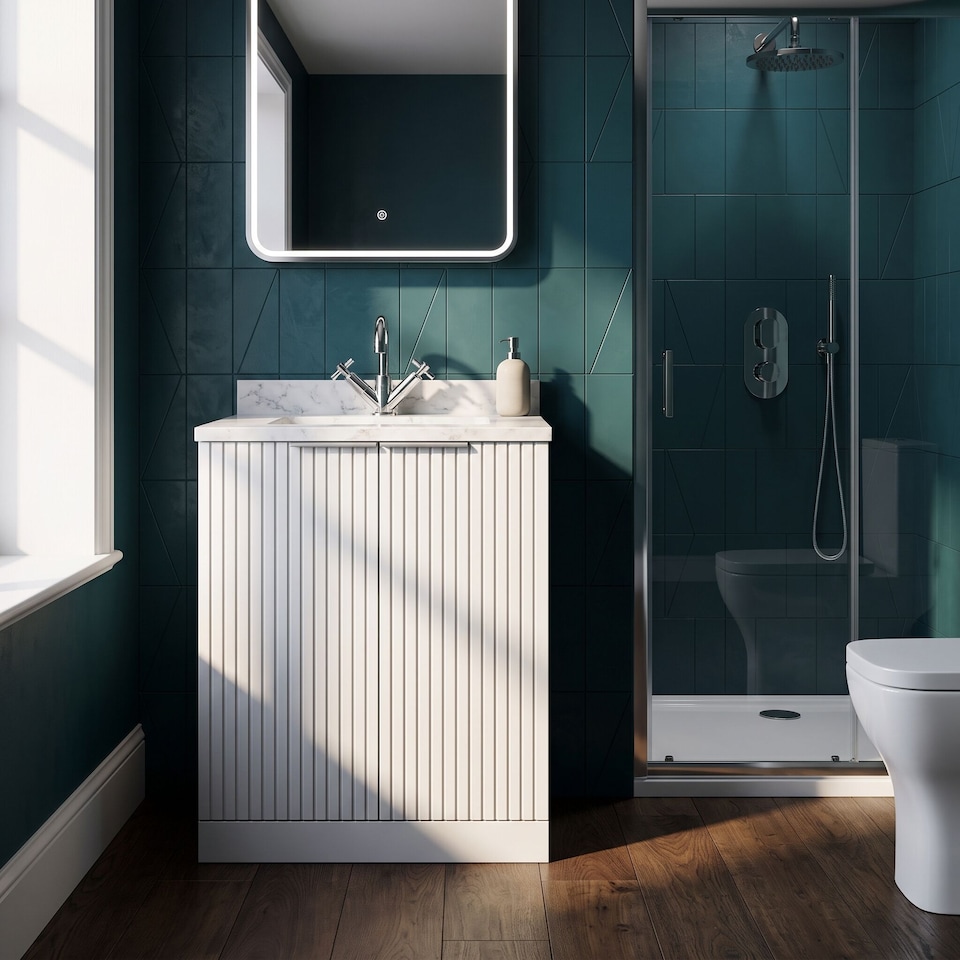 image 1 of Balterley Callingwood Contemporary Floor Standing 2 Door Vanity Unit with Marble Worktop with Basin , 600mm, Matt White