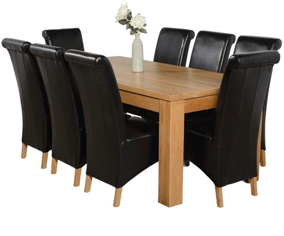 image 1 of Dakota 182 x 92cm Oak Large Dining Table and 8 Montana Leather Chairs | Black | Black