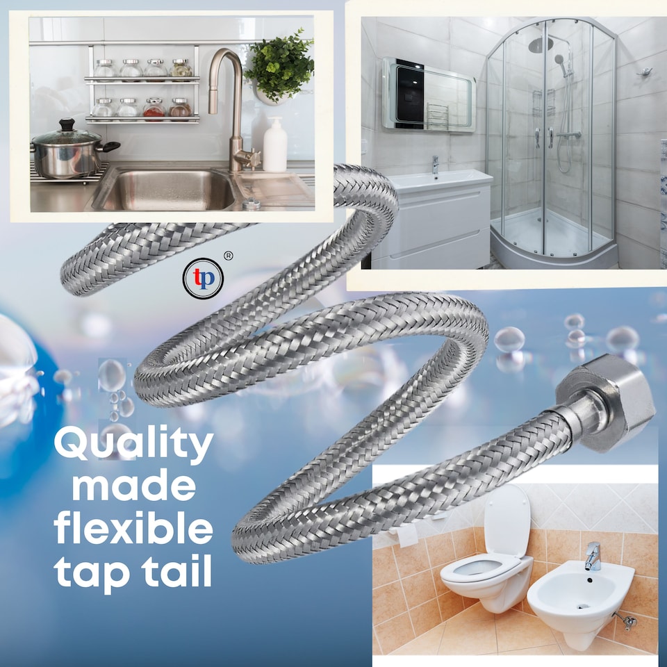 image 1 of TradeProvider® Flexi Pipes, Flexible Mixer Taps Tails (2pcs/pack)Kitchen Tap Connector 10M x1/2 Fitting 600mm Long Flexible Hose British Standard Pipe Connectors (103mm brass end)