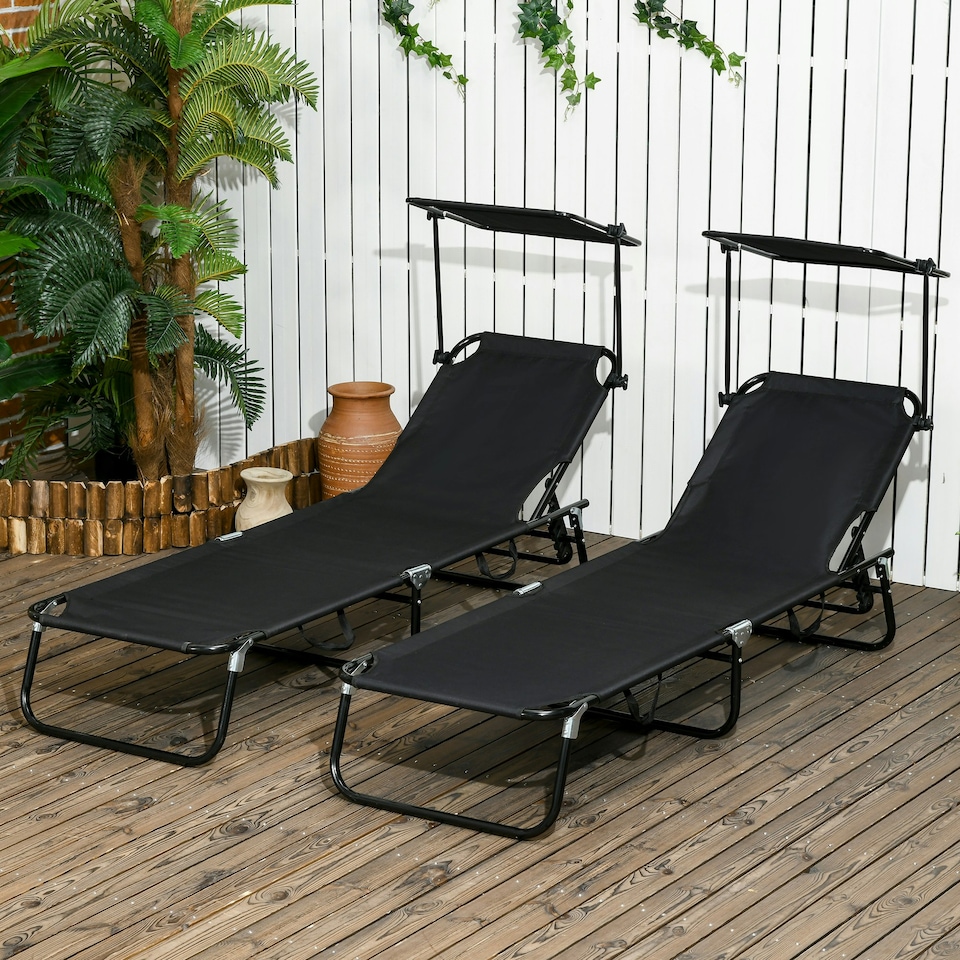 image 1 of Outsunny 2 Piece Folding Sun Loungers with Adjustable Backrest, Sunshade, Black