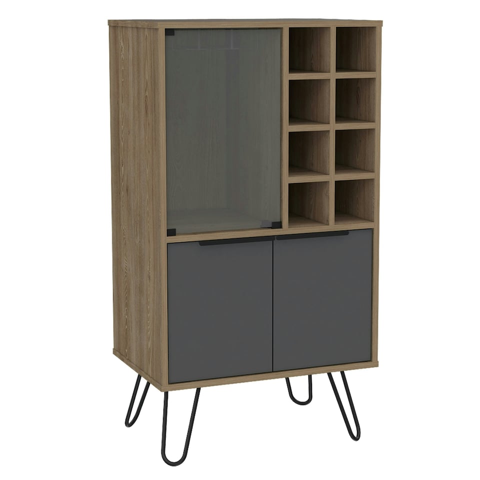 image 1 of Vegas Grey with Bleached Oak Effect Wine Cabinet - 2 Doors and 1 Glass Door with Push-Open Design | Brown | Brown | 1