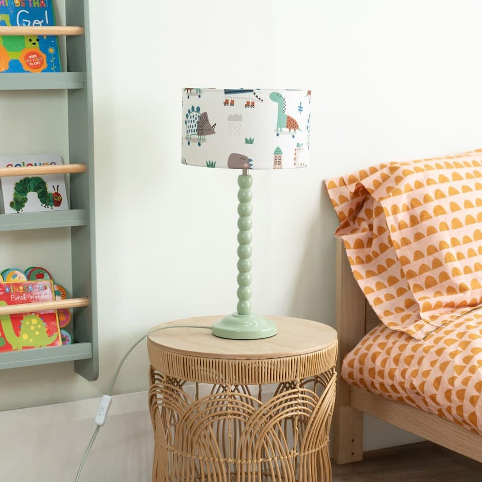 image 1 of ValueLights Bobbles Sage Green Table Lamp with Cartoon Dino Shade | Green