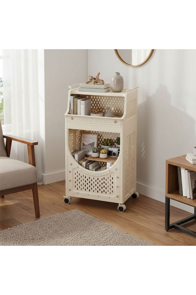 image 1 of Living and Home Multifunctional Storage Cart with Handles | Cream