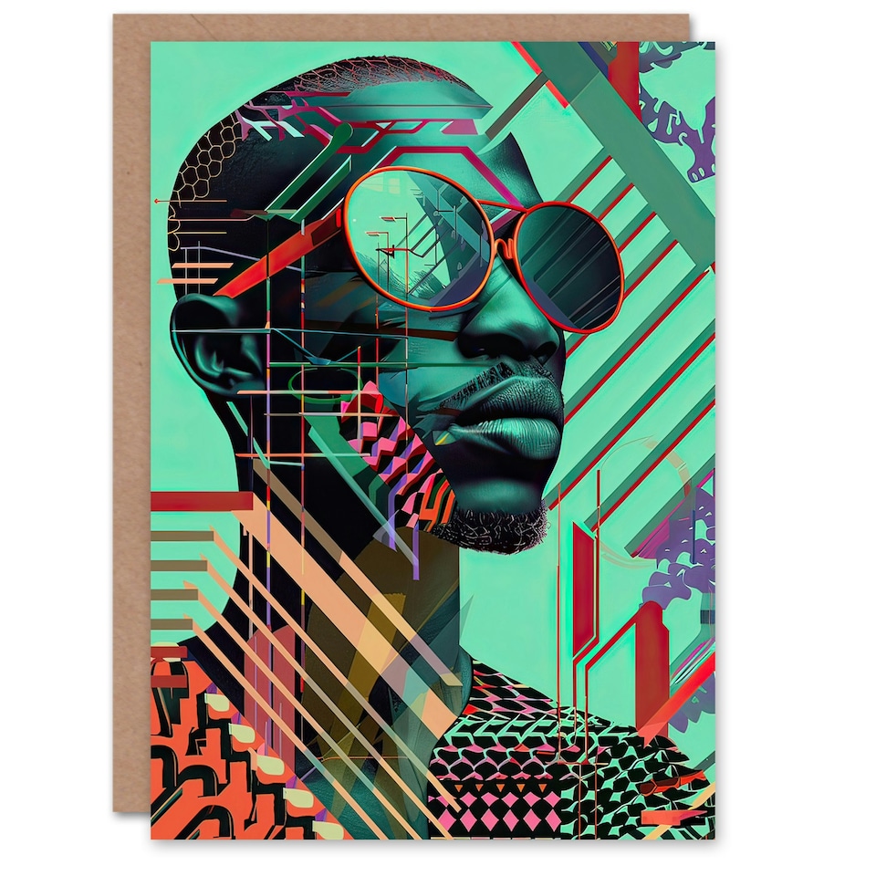 image 1 of Futuristic African Man Shades Portrait Teal Him Her Birthday Card
