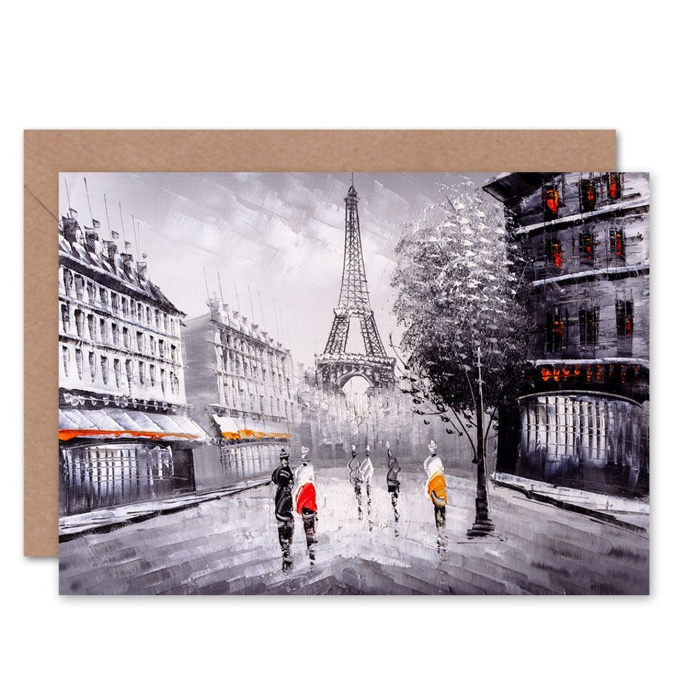 image 1 of Eiffel Tower Paris City Street Cityscape Painting Art Card