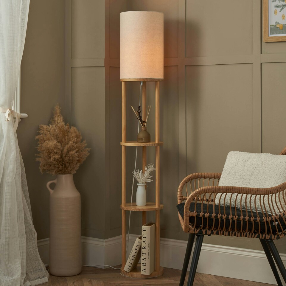 image 1 of BHS Shelby Floor Lamp with Shelves, Oak