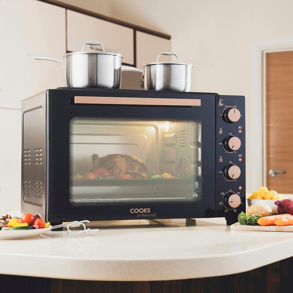 image 1 of Cooks Professional Mini Oven | 48 Litre with 2 Ceramic Hobs | 1800W Oven | 1000W and 1500W Ceramic Hobs | Black and Copper