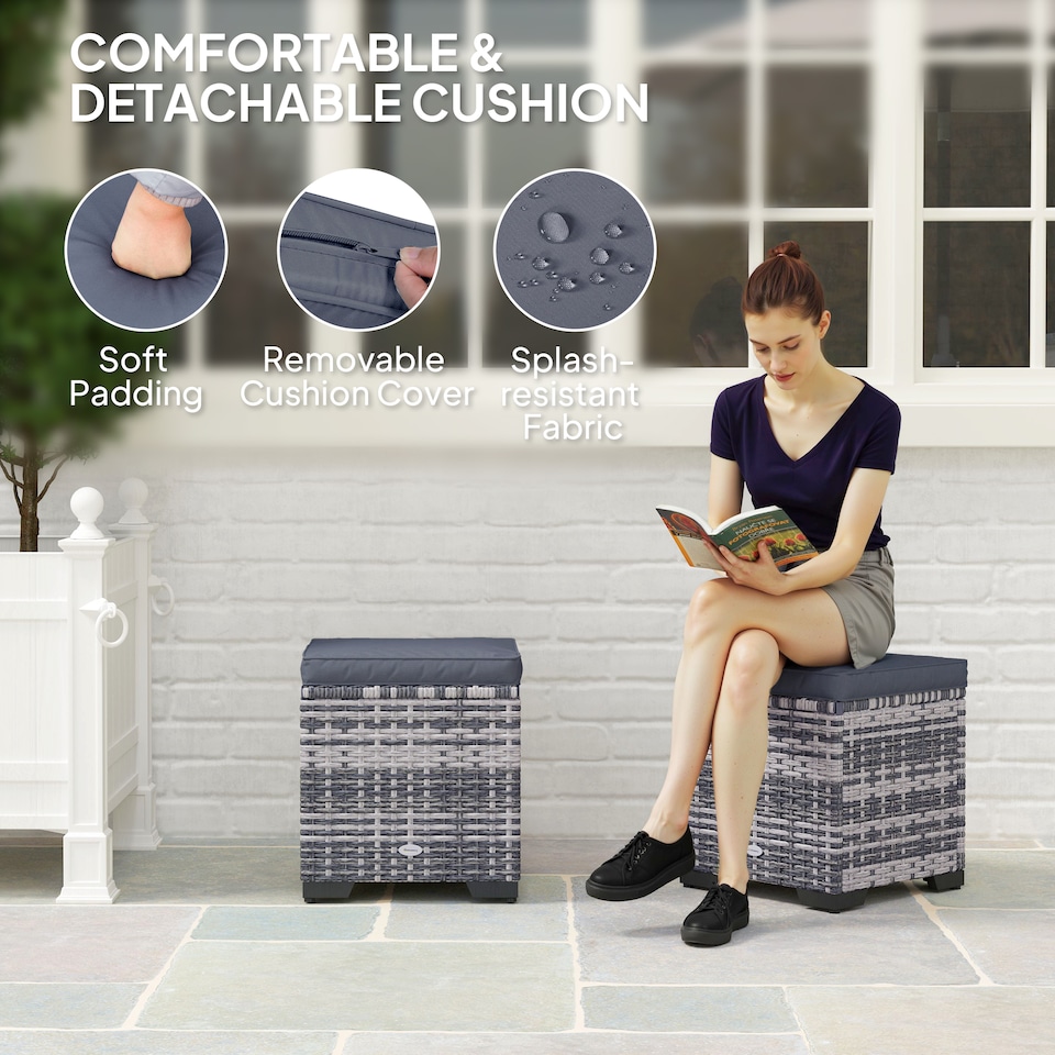 image 1 of Outsunny Set of 2 Rattan Storage Ottoman, Outdoor Footstool with Removable Cushions, Garden Storage Seat for Balcony, Porch, Living Room, Dark Grey | Grey | 40W x 40D x 40H cm | 1