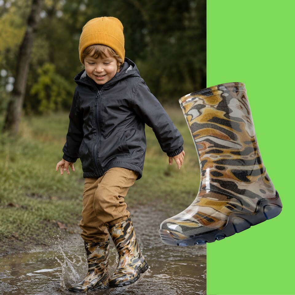 image 1 of Demar Stormer Reflective Kids' Wellies, Green Mosaic, EU 20/21