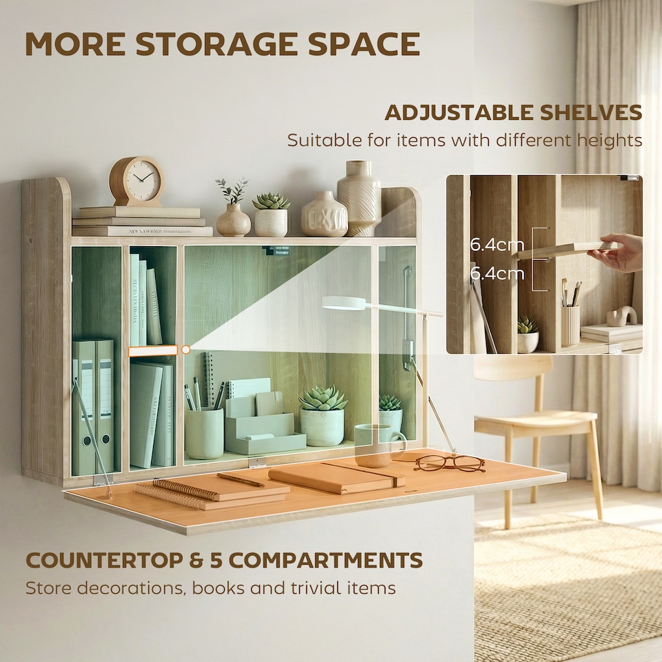 image 1 of HOMCOM Wall Mounted Table w/ Space Saving Storage Compartments