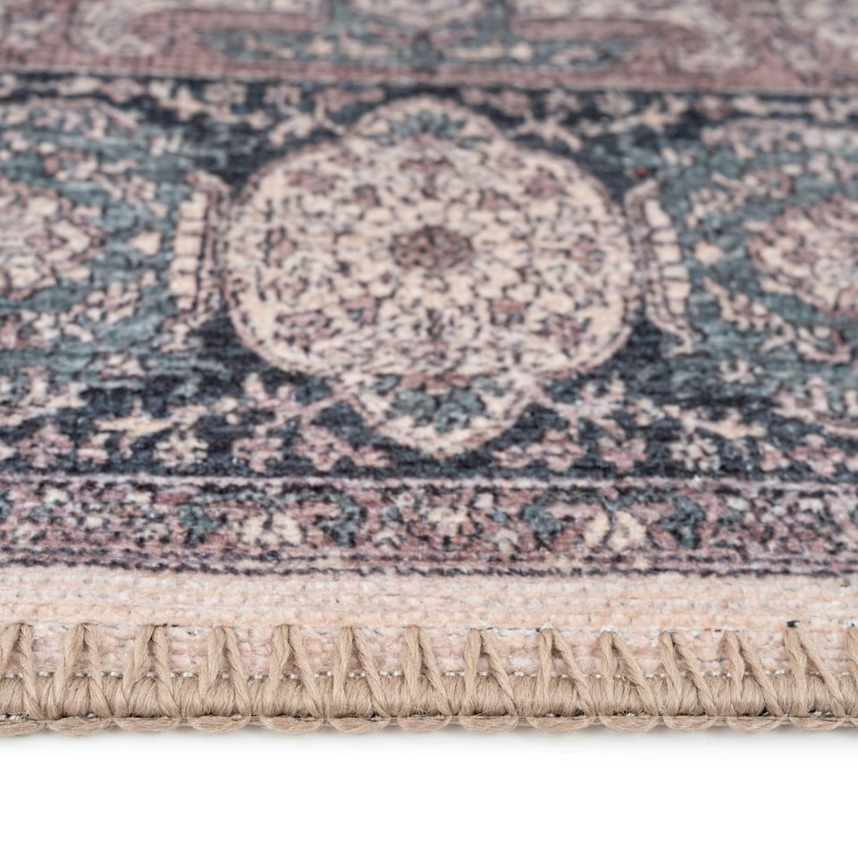 image 1 of KUKOON Beige Medallion Washable & Non Slip Distressed Living Room Area Rug 200cm x 290cm Cream