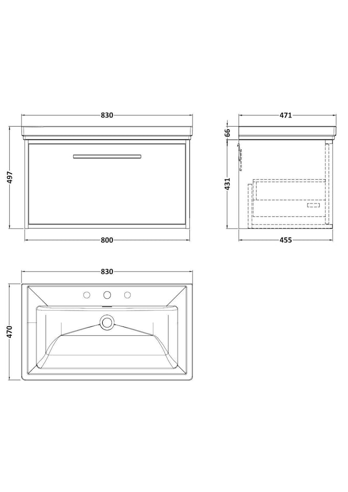 image 1 of Balterley Sturbridge Contemporary 1 Drawer Wall Hung Vanity Unit with Traditional 3 Tap Hole Fireclay Basin , 800mm, Bleached Oak
