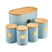 Cooks Professional 5 Piece Ribbed Tea Coffee Sugar Bread & Biscuit Cannisters with Labels | Blue | Blue & Gold