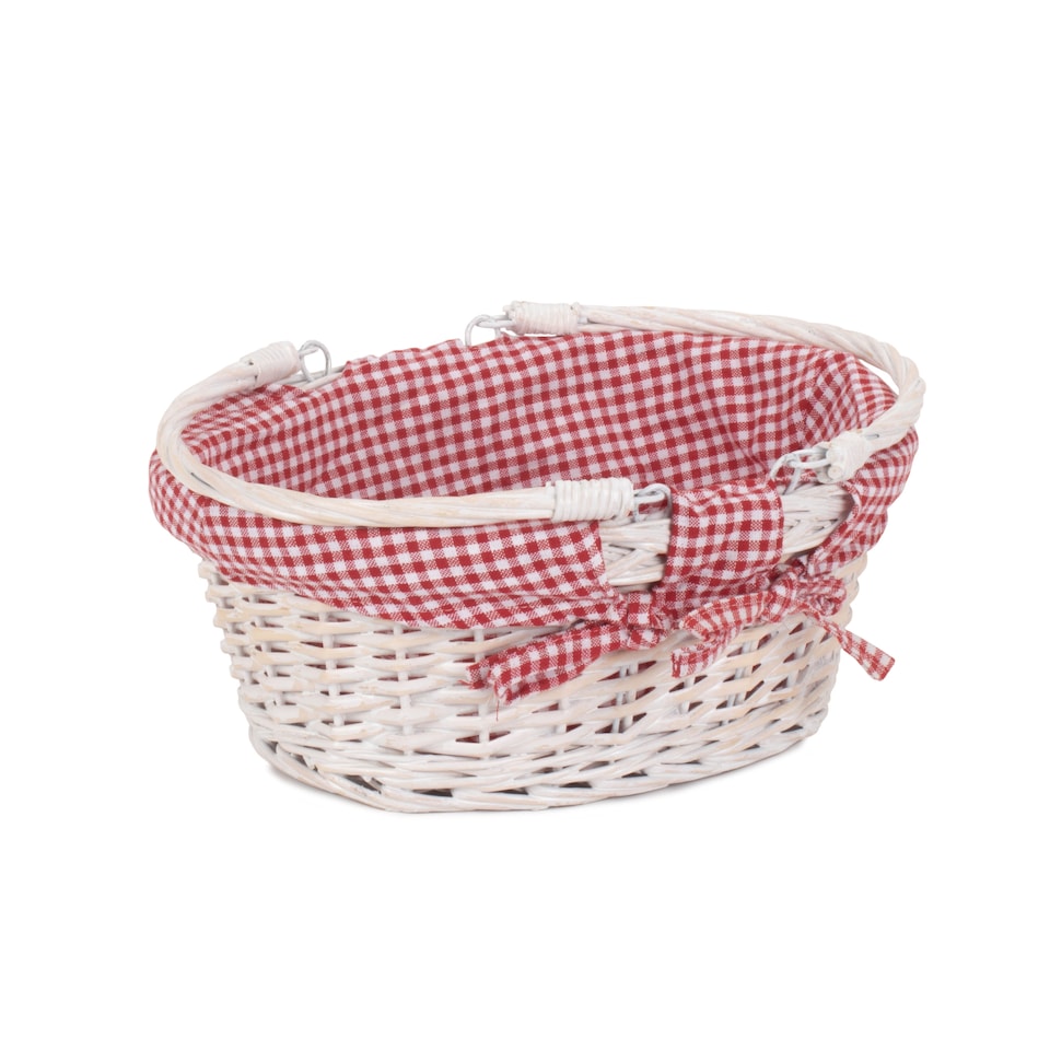 image 1 of Small White Swing Handle Wicker Shopper with Red and White Checked Lining | Red | Red Checked