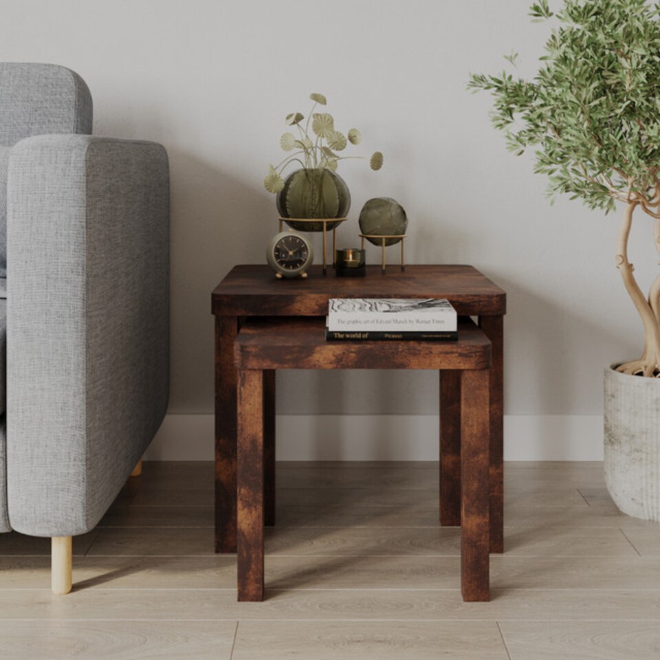 image 1 of URBNLIVING Square Wooden Nesting Stacking Tables Set Of 2 | Multi | Rustic Brown | 2