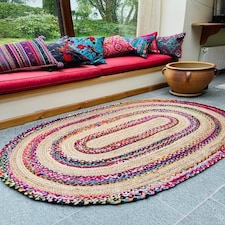 FIESTA Oval Rug Braided Hand Woven - Jute - L75 x W120 - Multicolour Multi