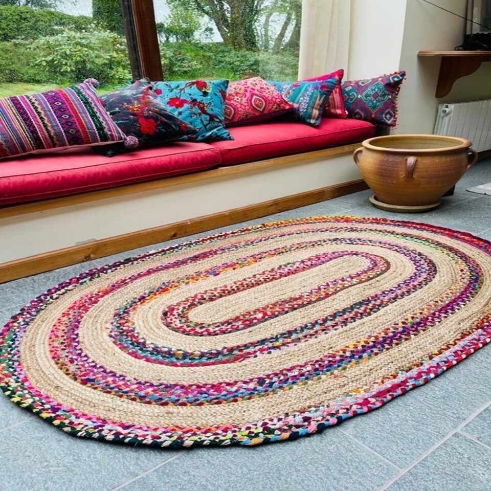 image 1 of FIESTA Oval Rug Braided Hand Woven - Jute - L75 x W120 - Multicolour Multi