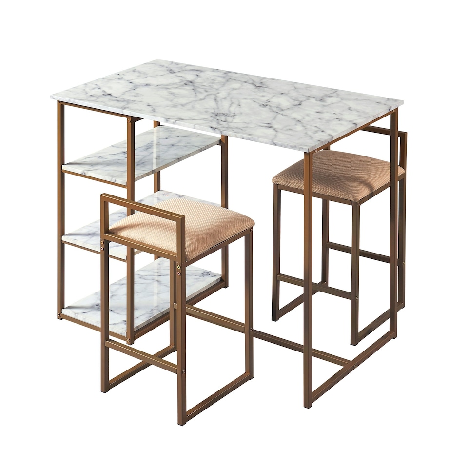 image 1 of Teamson Home Marmo Modern Marble-Look Breakfast Table Set with 2 Stools and Storage, Marble/Brass