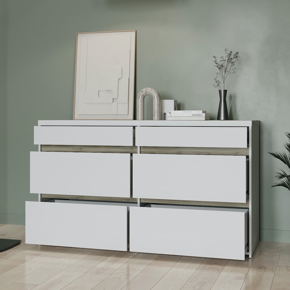 image 1 of FURNICOMP Avery 6 Drawer (3+3) Matt White and Oak Wide Chest of Drawers