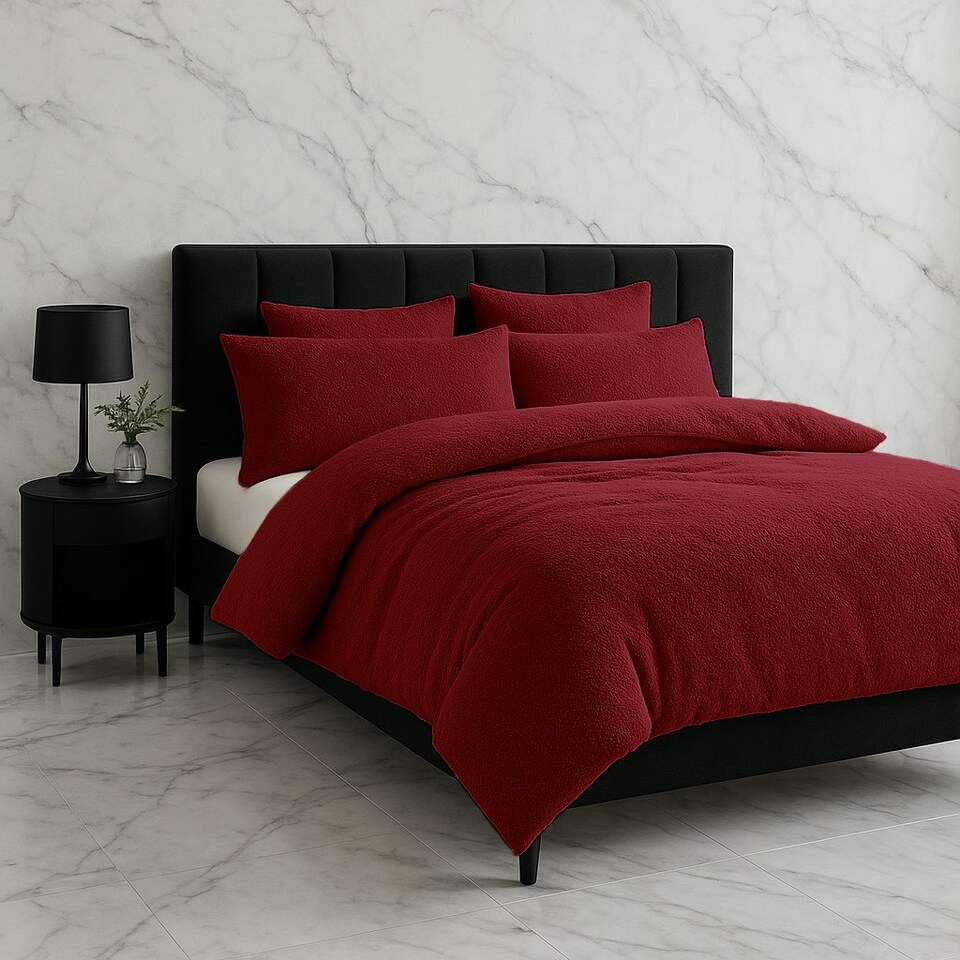 image 1 of Teddy Bear Fleece Soft Cosy Duvet Cover + Pillow Case Set Red | Single