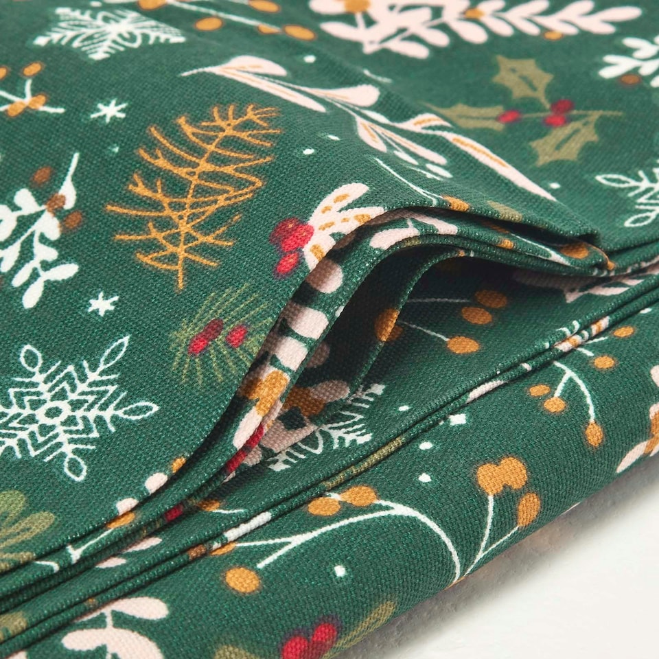 image 1 of Homescapes Festive Forest 100% Cotton Green Christmas Tablecloth - 178 x 305 cm | Green | 178cm x 305cm (70" x 120")