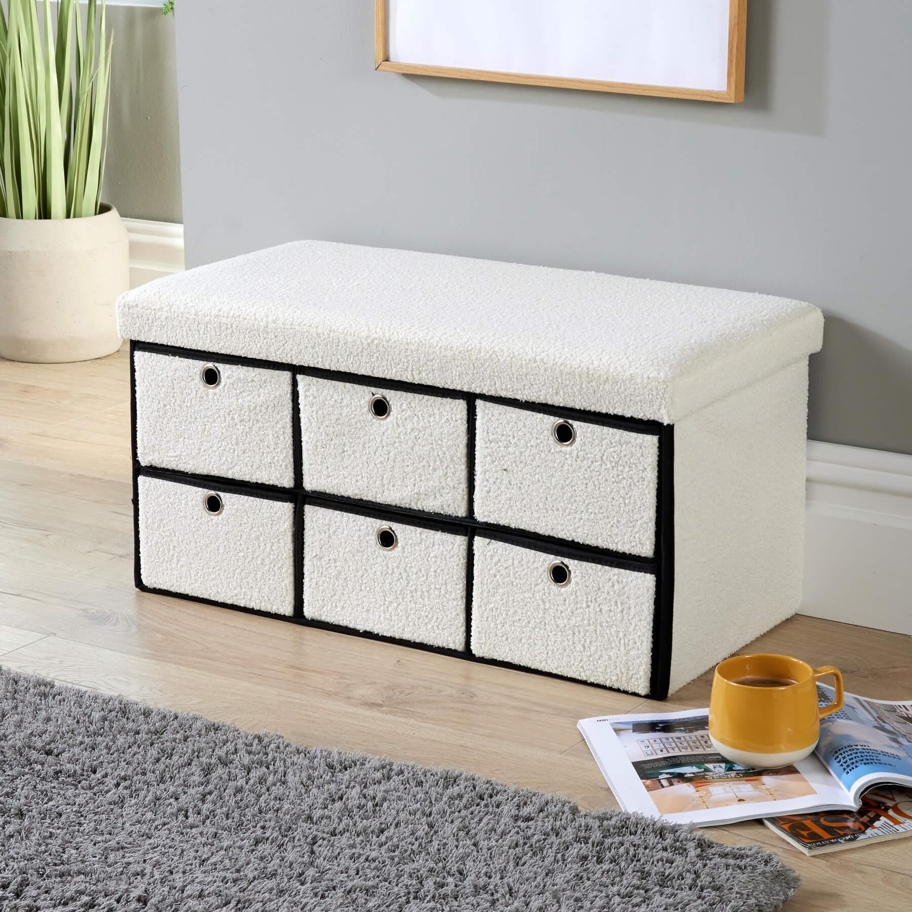 Folding Ottoman Storage Bench 6 Drawer Compact Space-Saving Furniture | Cream