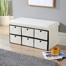 Folding Ottoman Storage Bench 6 Drawer Compact Space-Saving Furniture | Cream