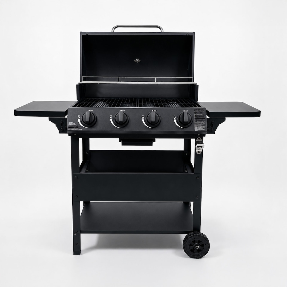 image 1 of 4 Burner Steel Gas BBQ Grill Outdoor Side Shelves Rack Bottle Opener