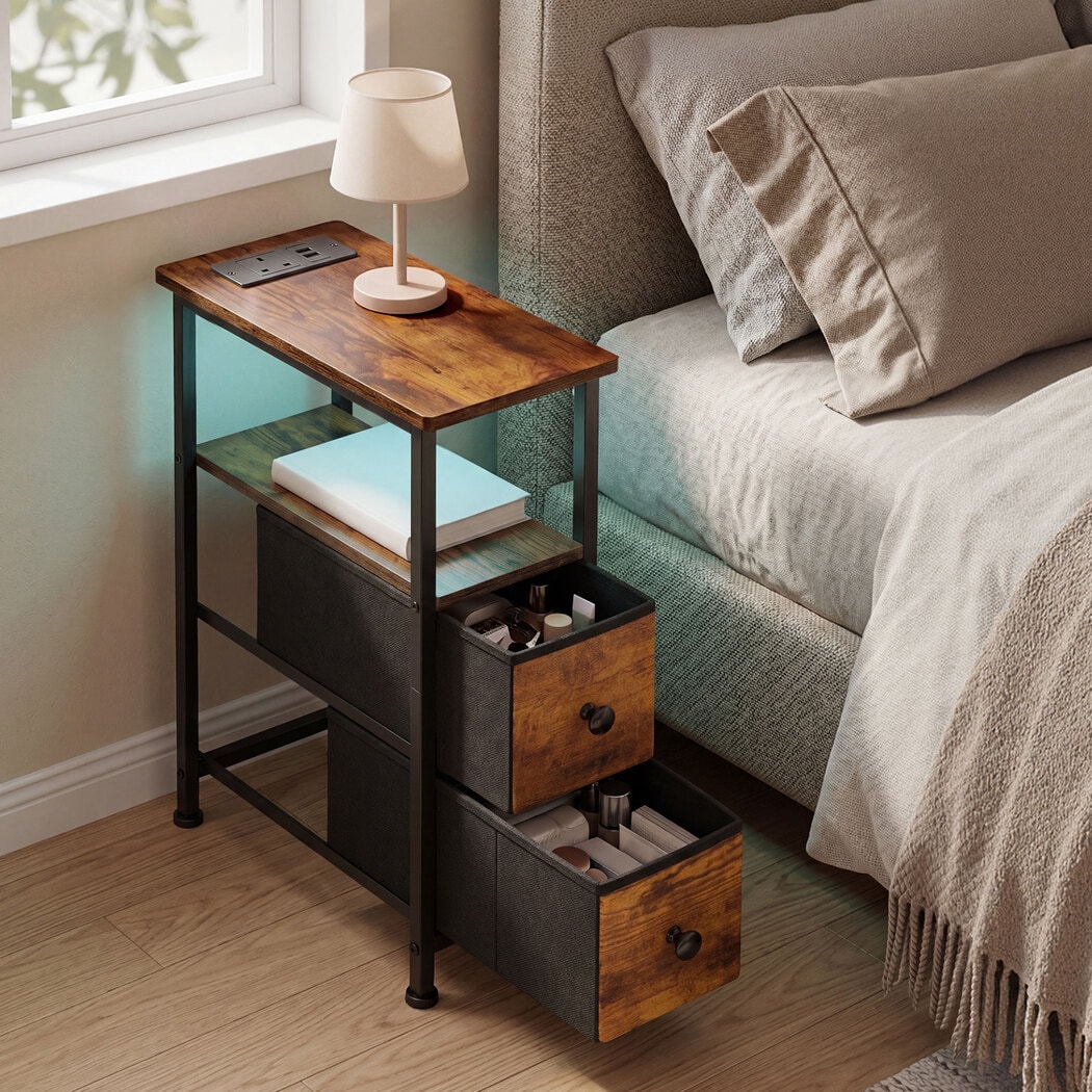 Levede Bedside Table Narrow Side Table with LED Charging Station Storage Brown