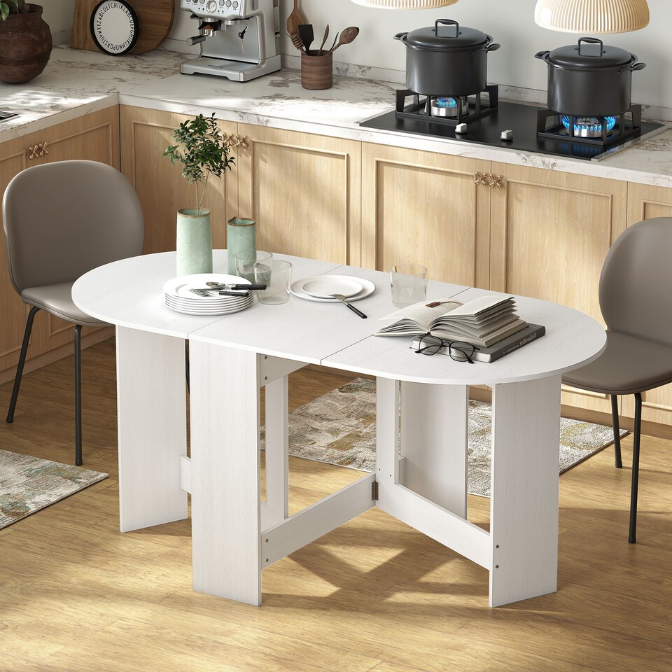 image 1 of HOMCOM Folding Dining Table, Drop Leaf Table for Small Spaces, Oval Tabletop for Dining Room, Ash Wood-Effect