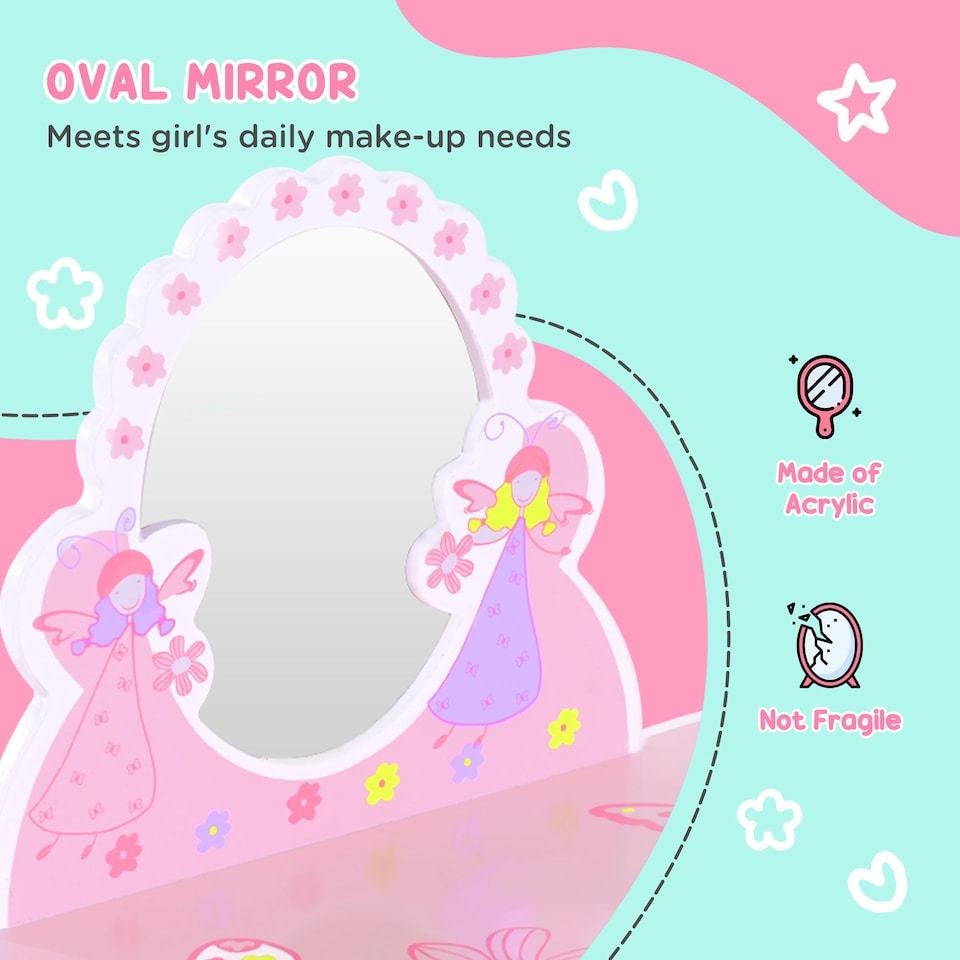 image 1 of HOMCOM Kids Dressing Table Girls Pink Wooden Kids Dressing Table & Stool Make Up Desk Chair Toys Fairy Dresser Play Set w Mirror