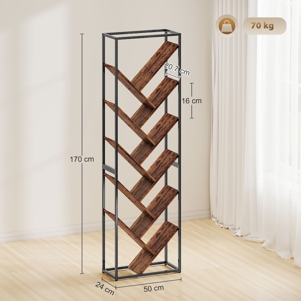 image 1 of HOMCOM 10 Tier Tree Bookshelf Industrial Tall Bookcase Rustic Brown Black
