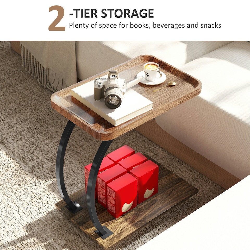 image 1 of HOMCOM C Shaped Side Table with Storage & Wheels for Living Room, Brown Brown