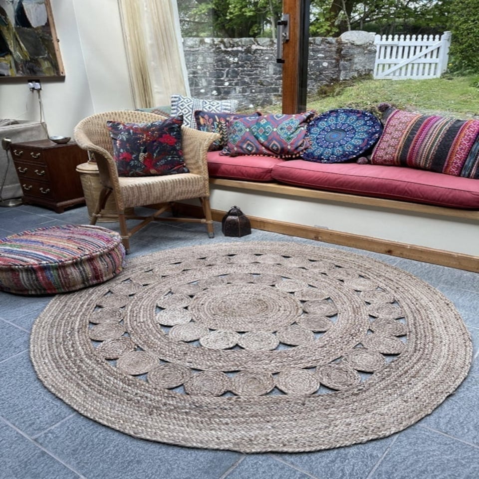 GHERANA Circle Rug in Flat Weave Round Design - Jute - L120 x W120 Brown