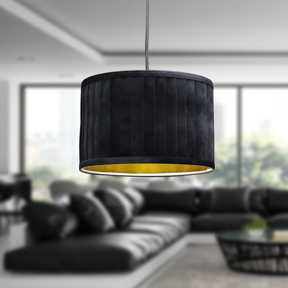 image 1 of Set of 2 Sundance - Black Pleated 30cm Lamp Shades with Gold Inner | Black | Black velvet with gold cardboard inner detail | 2