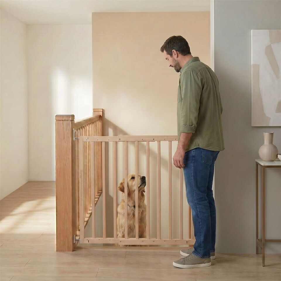 image 1 of Safetots Top of The Stairs Screw Fitted Stair Gate, Natural Wooden, 63.5cm - 105.5cm, Wood Baby Gate, Safety Gate | Cream | 1