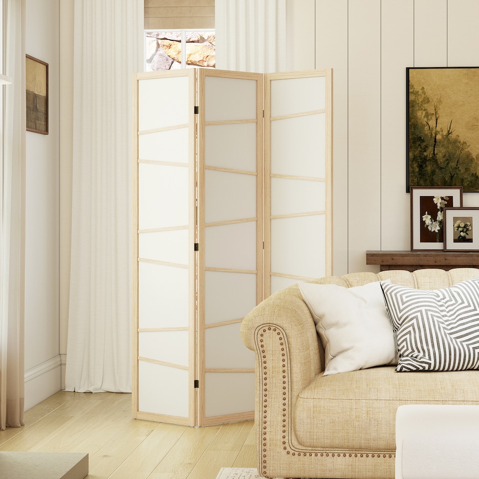 image 1 of HOMCOM Room Divider, Screen Protector with Frame, Natural Wood Finish