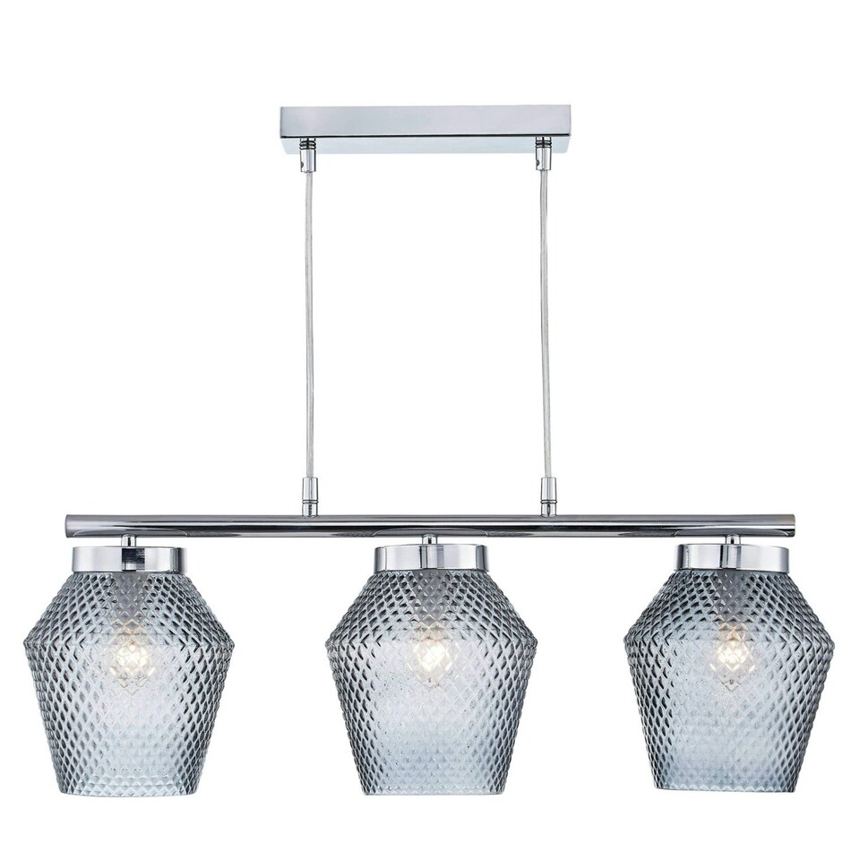 image 1 of First Choice Lighting Set of 2 Fraser Smoked Textured Glass 3 Light Pendant Bars Chrome | Clear