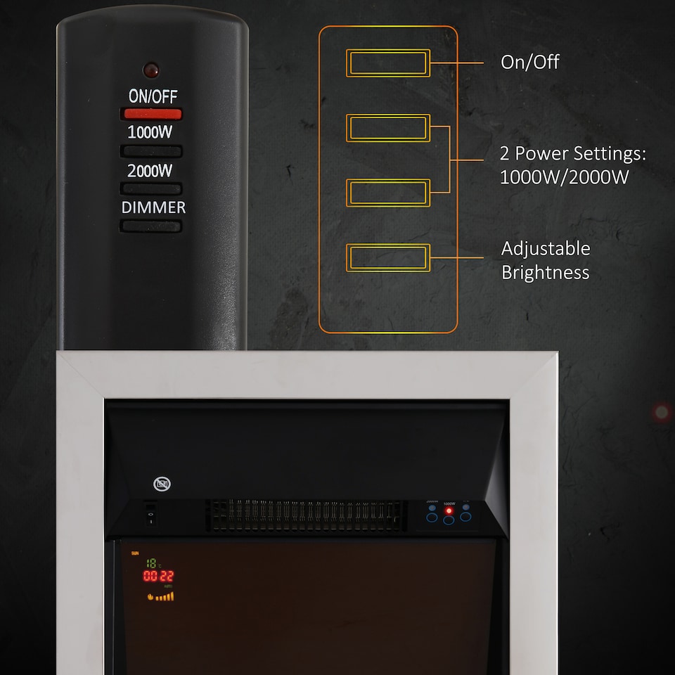 image 1 of HOMCOM Contemporary Electric Fireplace Coal Burning Flame Effect Inset Fire Place Space Heater Glass View LED Lighting with Remote Control, 1000W2000W, Silver