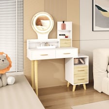 HOMCOM Dressing Table with Mirror, Vanity Table with Adjustable LED Lights, Makeup Desk with 5 Drawers and 5 Shelves, White