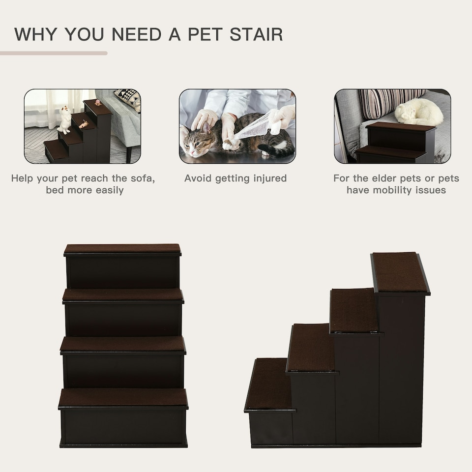 image 1 of PawHut 4 Step Wooden Dog Steps Pet Stairs Cat Ladder for Bed Couch, Dark Brown