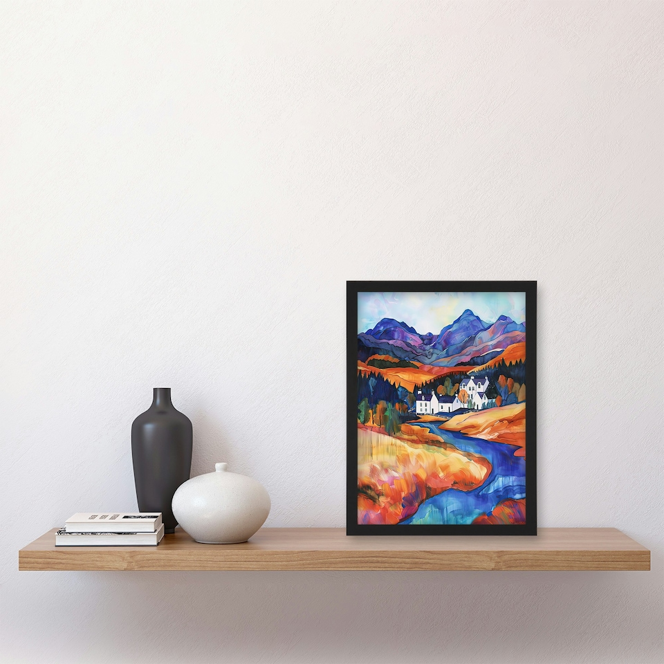 image 1 of Glencoe Mountain Cottages Scottish Landscape Black Framed Wall Art Print A4