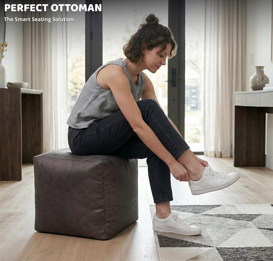 image 1 of Cube Shape PU Leather Footstool Bean Bag (Charcoal,40x40x40cm)