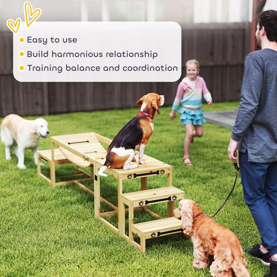 image 1 of PawHut Dog Agility Equipment 3 Pieces Wooden Dog Agility Set with Soft Bridge, Pause Platform and Pet Stair for Outdoor, Natural Wood