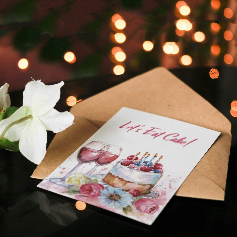 image 1 of Let's Eat Cake Fruit Wine Flowers Watercolour Her Birthday Card