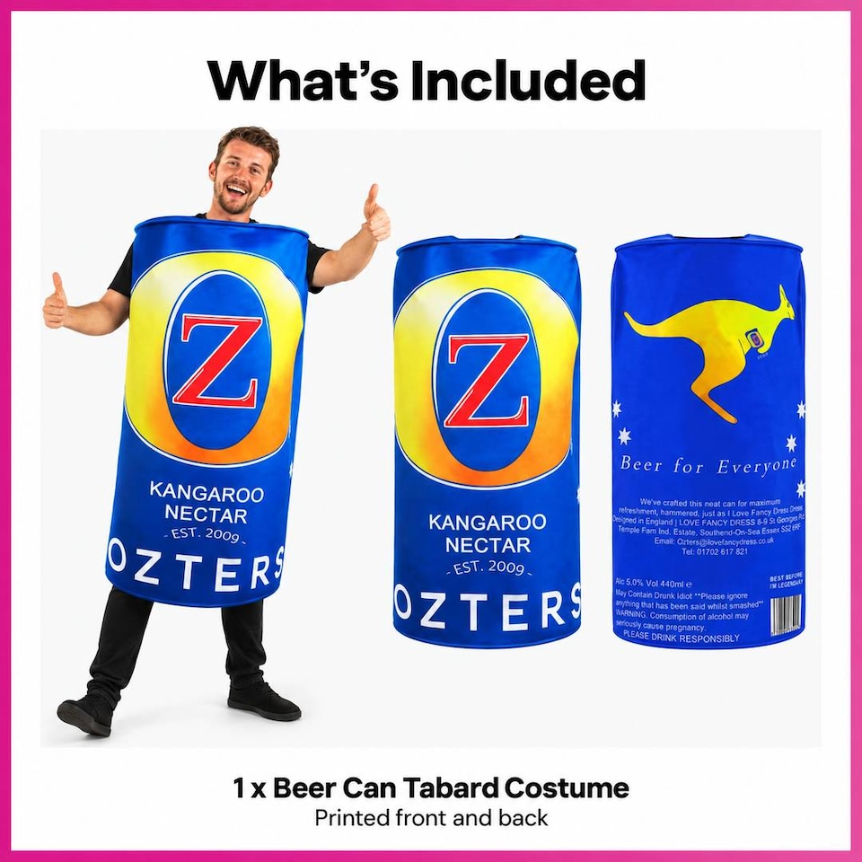 image 1 of Adults Beer Can Costume Novelty Lager Tabard Kangaroo Stag and Hen Party Fancy Dress Outfit