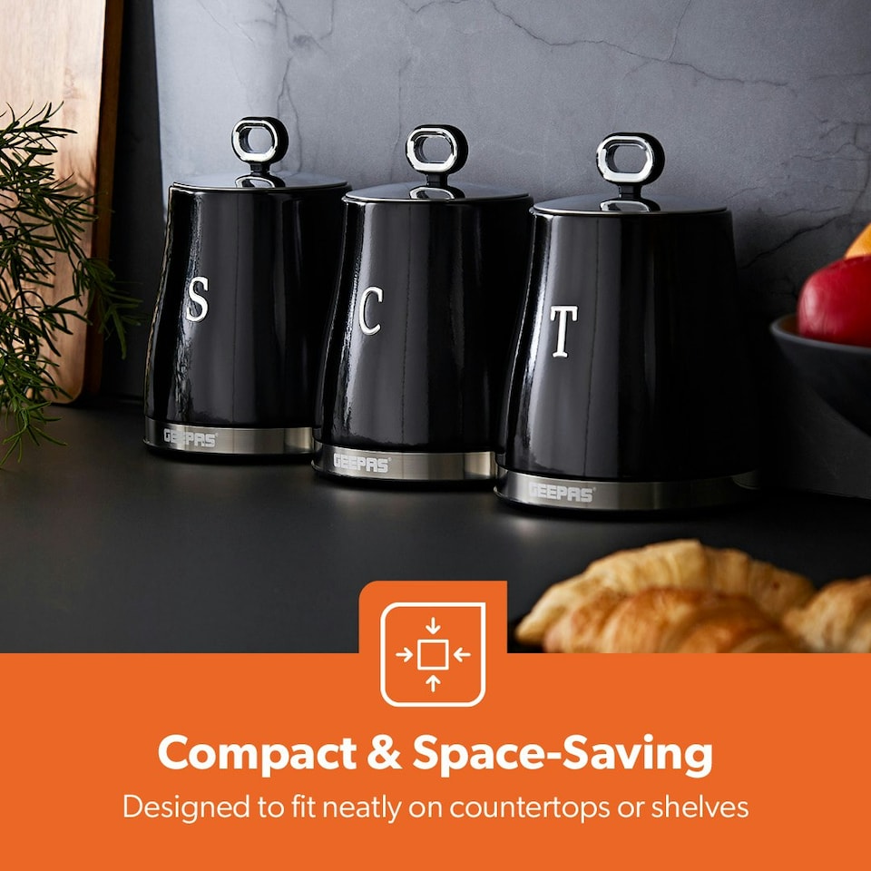 image 1 of GEEPAS 3-Piece Tea Coffee Sugar Canisters Set | Black