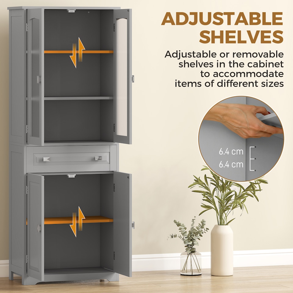 image 1 of HOMCOM Kitchen Cupboard Storage Cabinet Adjustable Shelves, Glass Door, Grey